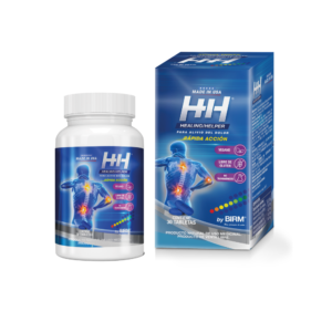 Box and jar of HH Healing Helper for pain relief. Natural product for medicinal use.