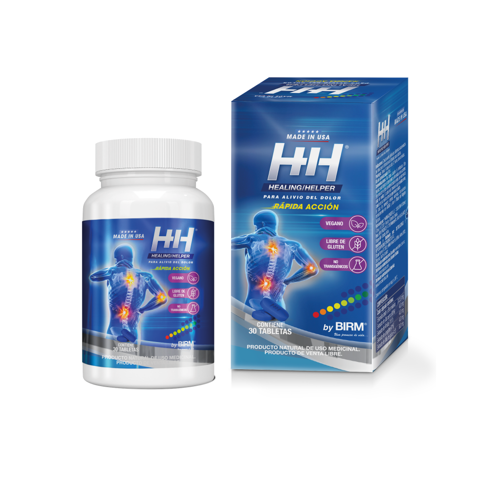 Box and jar of HH Healing Helper for pain relief. Natural product for medicinal use.