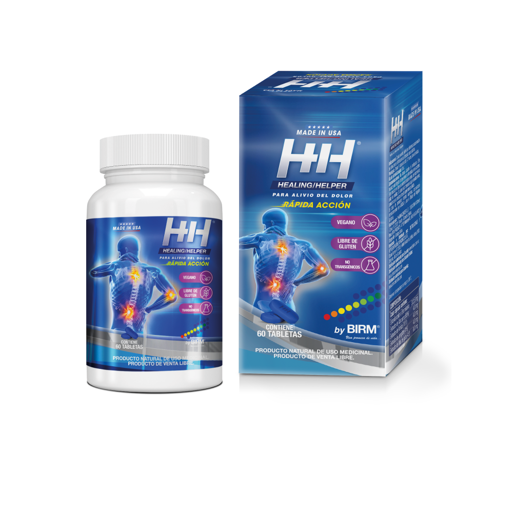 Caja y bote de HH Healing Helper para alivio del dolor. Producto natural de uso medicinal.