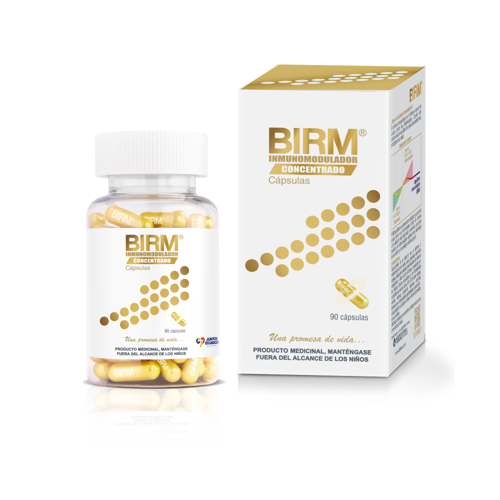 Caja y bote de BIRM Inmunomodulador Concentrado (90 cápsulas). Producto medicinal.