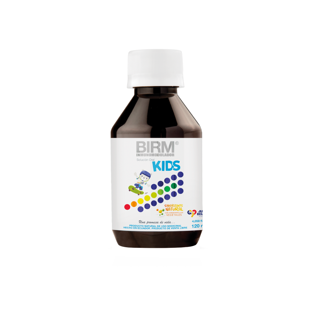 bote de BIRM Kids en solución oral (125ml) con saborizante natural. Producto natural de uso medicinal.