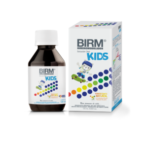Caja y bote de BIRM Kids en solución oral (125ml) con saborizante natural. Producto natural de uso medicinal.