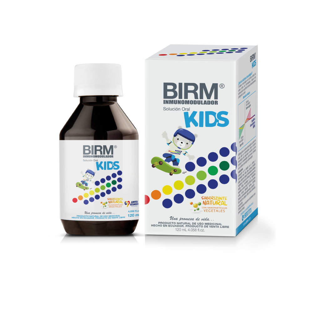 Caja y bote de BIRM Kids en solución oral (125ml) con saborizante natural. Producto natural de uso medicinal.