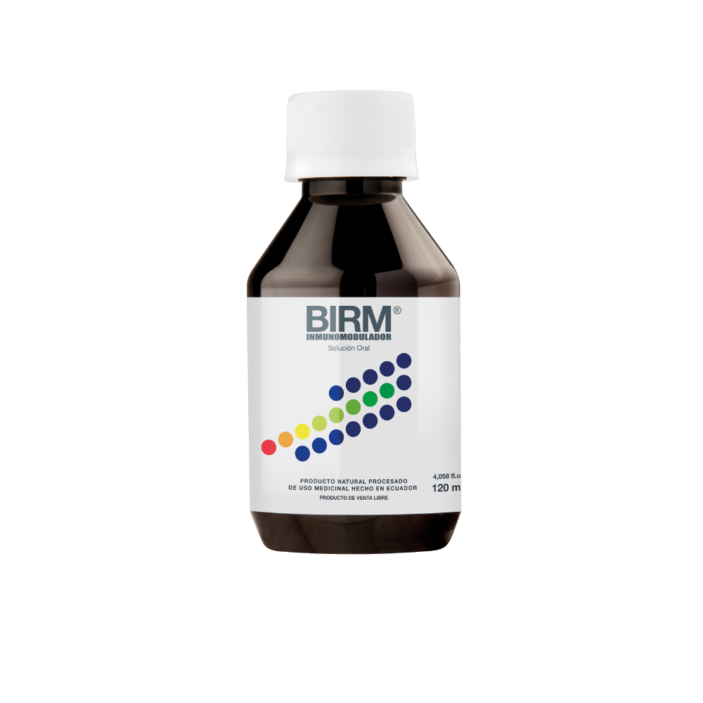 Bote de BIRM Inmunomodulador Preventivo en Solución oral (120ml). Producto natural procesado de uso medicinal.