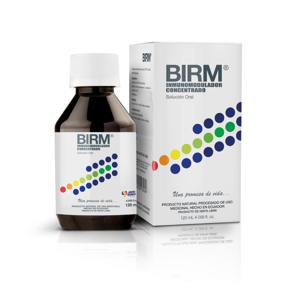 Bote de BIRM Inmunomodulador Concentrado en Solución oral (120ml). Producto natural procesado de uso medicinal.