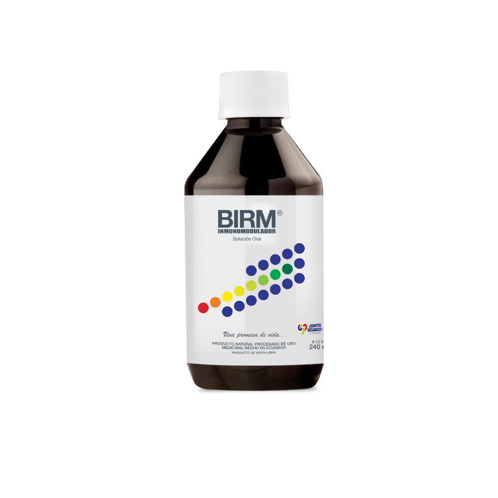 Bote de BIRM Inmunomodulador Preventivo en Solución oral (120ml). Producto natural procesado de uso medicinal.