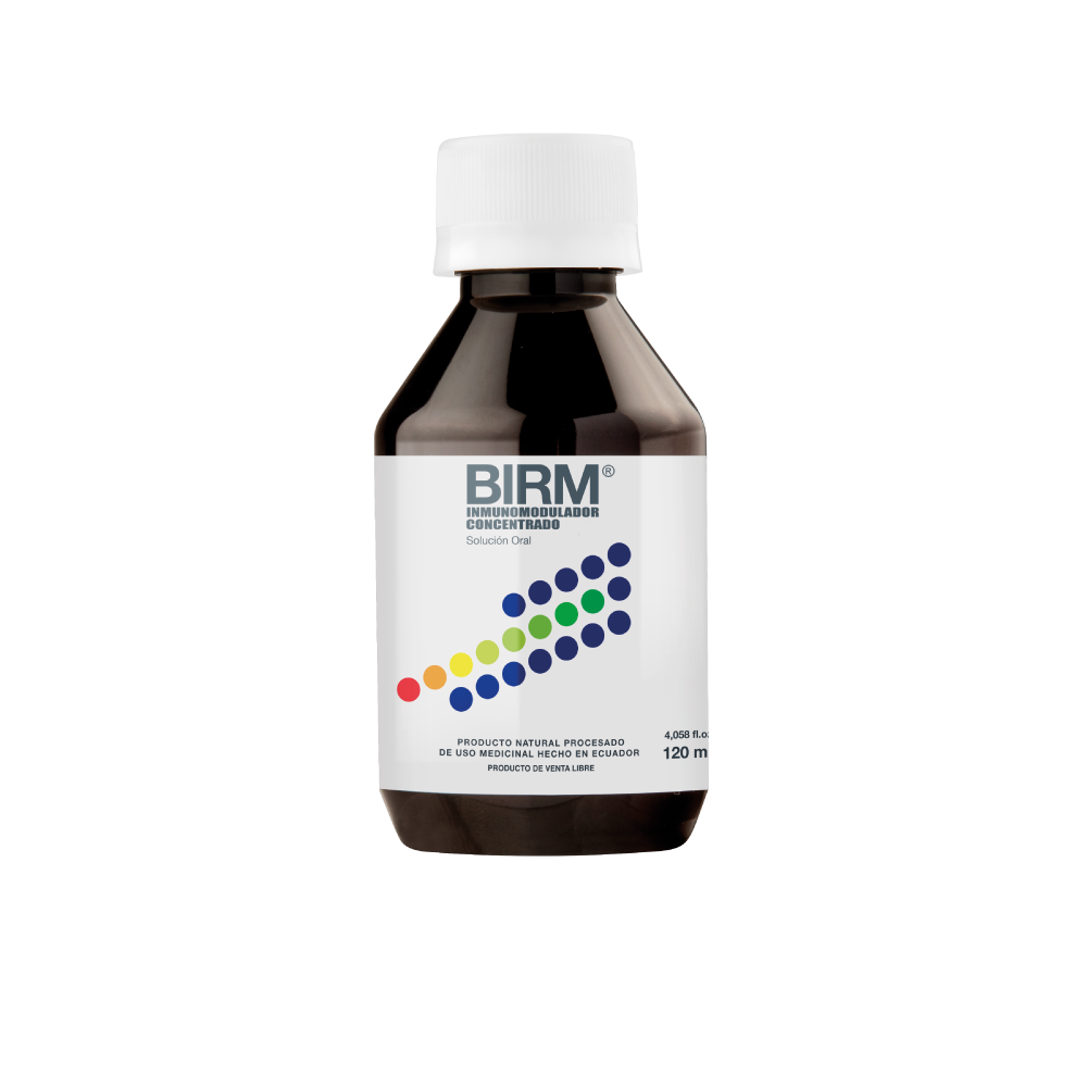 Bote de BIRM Inmunomodulador Concentrado en Solución oral (120ml). Producto natural procesado de uso medicinal.