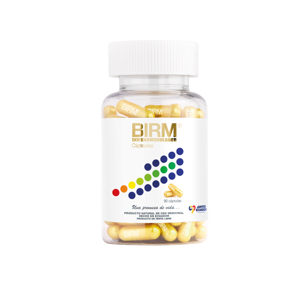 Caja y bote de BIRM Inmunomodulador Preventivo (90 cápsulas). Producto natural de uso medicinal.
