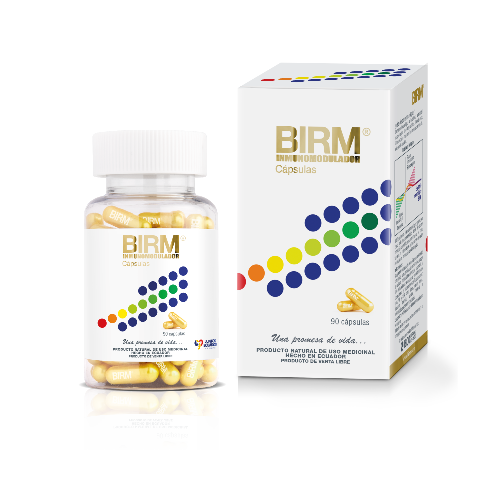 Caja y bote de BIRM Inmunomodulador Preventivo (90 cápsulas). Producto natural de uso medicinal.