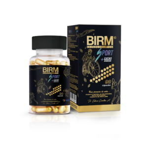 Caja y bote de 'Sport + Cacao' en cápsulas de BIRM inmunomodulador. Producto natural de uso medicinal.